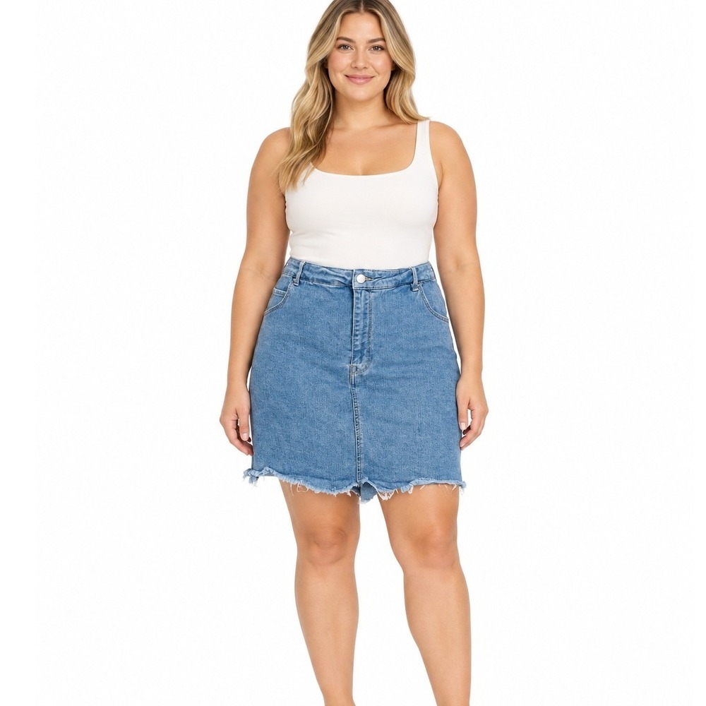 HM &Denim Light Wash Blue Frayed Hem Mini Skirt High Waisted | Size 14